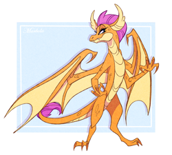 Size: 2056x1851 | Tagged: safe, artist:marbola, imported from derpibooru, part of a set, smolder, dragon, claws, dragoness, female, horns, looking at you, slit eyes, slit pupils, smiling, solo, spread wings, toes, wings