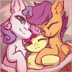 Size: 760x758 | Tagged: safe, artist:inowiseei, imported from derpibooru, apple bloom, scootaloo, sweetie belle, earth pony, pegasus, pony, unicorn, adorabloom, bed, chest fluff, cuddling, cute, cutealoo, cutie mark crusaders, daaaaaaaaaaaw, diasweetes, female, filly, hnnng, inowiseei is trying to murder us, lidded eyes, looking at you, lying, one eye closed, precious, sleepy, smiling, sweet dreams fuel, weapons-grade cute