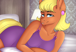 Size: 2100x1450 | Tagged: safe, artist:kurutyan, imported from derpibooru, ms. harshwhinny, anthro, bed, bedroom eyes, cute, ear fluff, ear piercing, earring, eyebrows, eyebrows visible through hair, female, jewelry, looking at you, on bed, piercing, sexy, solo, ych result