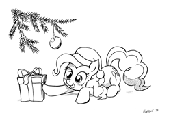 Size: 3509x2550 | Tagged: safe, artist:hunternif, imported from derpibooru, pinkie pie, pony, christmas, female, hat, holiday, monochrome, present, santa hat, solo