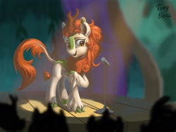 Size: 2048x1536 | Tagged: safe, artist:tinybenz, imported from derpibooru, autumn blaze, kirin, sounds of silence, audience, awwtumn blaze, cloven hooves, cute, female, leg fluff, leonine tail, microphone, open mouth, quadrupedal, scene interpretation, solo focus, stage, stand-up comedy