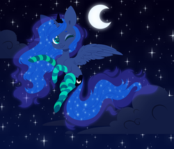 Size: 5250x4500 | Tagged: safe, artist:belka-sempai, imported from derpibooru, princess luna, alicorn, pony, chest fluff, clothes, crescent moon, cute, ethereal mane, female, flying, kneesocks, leg fluff, lunabetes, mare, moon, night, one eye closed, sky, socks, solo, starry mane, starry night, stars, striped socks, thigh highs, transparent moon, wink