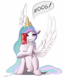 Size: 2500x3000 | Tagged: safe, artist:skitsniga, artist:skitsroom, imported from derpibooru, princess celestia, alicorn, pony, chest fluff, coca-cola, cute, cutelestia, drink, female, hands-free bubble tea challenge, looking at you, meme, noob, soda, solo, spread wings, wings