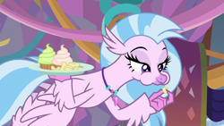 Size: 1280x720 | Tagged: safe, imported from derpibooru, screencap, silverstream, she's all yak, bedroom eyes, chips, cupcake, female, food, solo