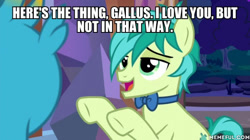 Size: 600x337 | Tagged: safe, edit, edited screencap, imported from derpibooru, screencap, gallus, sandbar, earth pony, griffon, pony, she's all yak, bowtie, caption, image macro, impact font, memeful.com, shipping denied, text