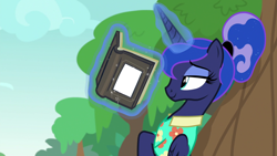 Size: 1920x1080 | Tagged: safe, edit, edited screencap, imported from derpibooru, screencap, princess luna, pony, between dark and dawn, book, clothes, cloud, exploitable, exploitable meme, female, hawaiian shirt, leaning, luna's book, magic, meme, meme template, read a book, reading, relaxing, shirt, smiling, solo, template, tree