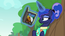 Size: 1920x1080 | Tagged: safe, edit, edited screencap, imported from derpibooru, screencap, princess luna, pony, between dark and dawn, book, clothes, cloud, comic, exploitable, exploitable meme, female, graphic novel, hawaiian shirt, leaning, luna's book, magic, meme, read a book, reading, relaxing, sandman, shirt, smiling, solo, the sandman, tree