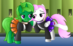 Size: 2926x1840 | Tagged: safe, artist:limedreaming, artist:sashagemini, imported from derpibooru, oc, oc only, oc:lime dream, oc:sasha gemini, pegasus, pony, unicorn, cheerleader, clothes, detailed, detailed background, female, lesbian, looking at each other, mare, pleated skirt, school, schoolgirl, skirt, trace