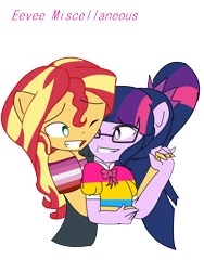 Size: 3024x4032 | Tagged: safe, artist:eveart13, imported from derpibooru, sci-twi, sunset shimmer, twilight sparkle, human, equestria girls, absurd resolution, bowtie, clothes, duo, female, glasses, grin, holding hands, lesbian, lesbian pride flag, one eye closed, pansexual pride flag, ponied up, pony ears, ponytail, pride, pride flag, scitwishimmer, shipping, shirt, simple background, smiling, sunsetsparkle, transparent background