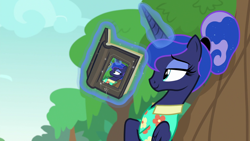 Size: 1920x1080 | Tagged: safe, edit, edited screencap, imported from derpibooru, screencap, princess luna, pony, between dark and dawn, book, clothes, cloud, exploitable, exploitable meme, female, hawaiian shirt, leaning, luna's book, magic, meme, meme template, read a book, reading, relaxing, shirt, smiling, solo, tree