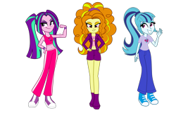 Size: 3100x2000 | Tagged: safe, artist:wubcakeva, imported from derpibooru, adagio dazzle, aria blaze, sonata dusk, equestria girls, belly button, biceps, clothes, commission, converse, flexing, hand on hip, midriff, shoes, shorts, sneakers, sports bra, the dazzlings, waving