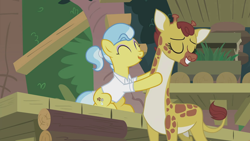 Size: 1920x1080 | Tagged: safe, imported from derpibooru, screencap, clementine, doctor fauna, earth pony, giraffe, pony, she talks to angel, clothes, cute, duo, eyes closed, faunabetes, female, mare, massage, pale belly, shirt, smiling