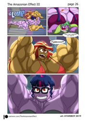 Size: 1376x1920 | Tagged: safe, artist:atariboy2600, artist:bluecarnationstudios, imported from derpibooru, sci-twi, spike, spike the regular dog, sunset shimmer, twilight sparkle, dog, comic:the amazonian effect, comic:the amazonian effect iii, equestria girls, armpits, big breasts, black underwear, bra, breasts, busty sunset shimmer, busty twilight sparkle, clothes, muscles, overdeveloped muscles, panties, purple underwear, red eyes, red underwear, sunset lifter, twilight muscle, twolight, underwear, wrestling