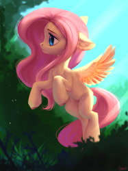 Size: 1280x1707 | Tagged: safe, artist:vensual99, imported from derpibooru, fluttershy, pegasus, pony, cute, ear fluff, female, floppy ears, fluffy, flying, frown, mare, rcf community, scenery, shyabetes, solo, spread wings, wings