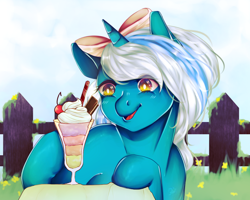 Size: 1000x800 | Tagged: safe, artist:tiazimossygreen, imported from derpibooru, oc, oc:fleurbelle, alicorn, adorabelle, alicorn oc, cherry, cottagecore, cream, cute, female, fence, flower, food, grass, ice cream, mare, toppings, wingding eyes