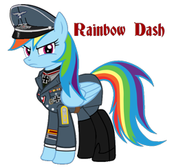 Size: 620x605 | Tagged: safe, artist:anonymous, imported from derpibooru, rainbow dash, pegasus, pony, /mlpol/, badge, blackletter, boot, clothes, female, frown, german, hat, iron cross, military, narrowed eyes, nazi, peaked cap, reich, serious, simple background, transparent background, uniform
