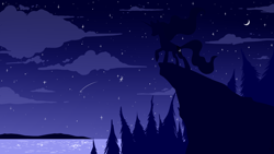 Size: 1920x1080 | Tagged: safe, artist:hilloty, imported from derpibooru, part of a set, princess luna, alicorn, pony, cloud, crescent moon, female, meteor, moon, night, scenery, shooting star, silhouette, sky, solo, stars, tree, wallpaper, water