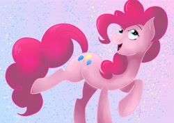 Size: 7016x4961 | Tagged: safe, artist:meisanthropy, imported from derpibooru, pinkie pie, earth pony, pony, abstract background, absurd resolution, digital art, female, looking up, open mouth, raised hoof, smiling, solo