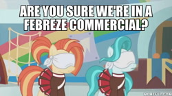 Size: 600x337 | Tagged: safe, edit, edited screencap, imported from derpibooru, screencap, lighthoof, shimmy shake, pony, 2 4 6 greaaat, blindfold, febreze, memeful.com