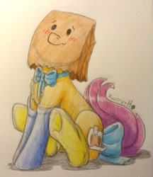 Size: 587x680 | Tagged: safe, artist:ravenpuff, imported from derpibooru, oc, oc:paper bag, pony, bow, clothes, fake cutie mark, neck bow, paper bag, simple background, sitting, socks, solo, tail bow, traditional art, white background