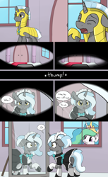 Size: 3000x4900 | Tagged: safe, artist:skitter, imported from derpibooru, princess celestia, alicorn, pony, unicorn, comic:demoted, :o, armor, bow, bowtie, butt, clothes, comic, confused, crown, dress, eyes closed, female, female pov, floppy ears, frown, gotcha, grin, jewelry, lidded eyes, looking at self, maid, male, male to female, mare, mirror, offscreen character, open mouth, peeking, plot, pov, raised hoof, regalia, royal guard, rule 63, shocked, sleeping, smiling, speech bubble, squee, stallion, story in the comments, transformation, transgender transformation, trollestia, waking up, wavy mouth, wide eyes, worried, yawn