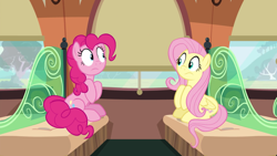 Size: 2400x1350 | Tagged: safe, imported from derpibooru, screencap, fluttershy, pinkie pie, earth pony, pegasus, pony, buckball season, duo, female, friendship express, looking at each other, mare, sitting, train, worried