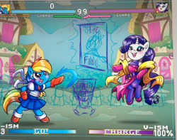 Size: 1080x853 | Tagged: safe, artist:marybellamy, imported from derpibooru, rainbow dash, rarity, spike, semi-anthro, clothes, cosplay, costume, ponyville, rose (street fighter), sakura kasugano, street fighter, wip
