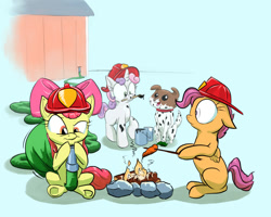 Size: 1500x1200 | Tagged: safe, artist:rocket-lawnchair, imported from derpibooru, apple bloom, scootaloo, sweetie belle, winona, dog, adorabloom, campfire, carrot, cute, cutealoo, cutie mark crusaders, diasweetes, firefighter, firefighter applebloom, firefighter crusaders, firefighter helmet, firefighter scootaloo, firefighter sweetie belle, food, helmet, hose, hose bulges, mouth hold, paint, paintbrush, this will end in tears and/or death and/or covered in tree sap, tree sap and pine needles, winonabetes