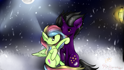 Size: 2789x1569 | Tagged: safe, artist:ambercatlucky2, imported from derpibooru, oc, oc:dirk, oc:volt, pegasus, pony, unicorn, belly, christmas, female, holiday, male, moon, night, pregnant, sitting, snow, winter
