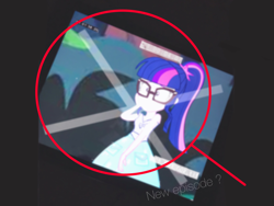 Size: 2400x1800 | Tagged: safe, imported from derpibooru, sci-twi, twilight sparkle, equestria girls, equestria girls series, spoiler:eqg series (season 2), fake, fake leak, faker than a three dollar bill, female, glasses, meta, photo, ponytail, red circle, solo, twitter