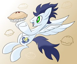 Size: 2400x2000 | Tagged: safe, artist:notadeliciouspotato, imported from derpibooru, soarin', pegasus, pony, abstract background, food, looking at something, male, pie, solo, spread wings, stallion, that pony sure does love pies, wings