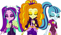 Size: 4475x2604 | Tagged: safe, artist:zoe-975, imported from derpibooru, adagio dazzle, aria blaze, sonata dusk, equestria girls, equestria girls series, find the magic, spoiler:eqg series (season 2), absurd resolution, clothes, eyes closed, jacket, simple background, smiling, the dazzlings, the dazzlings have returned, transparent background, trio, vector