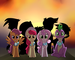 Size: 1500x1200 | Tagged: artist needed, safe, imported from derpibooru, apple bloom, fluttershy, gilda, scootaloo, spike, sweetie belle, dragon, earth pony, griffon, pegasus, pony, unicorn, alternate universe, cutie mark crusaders, elements of harmony, exploitable meme, fanfic art, female, filly, hat, jewelry, looking at you, make it happen, male, meme, necklace, sitting