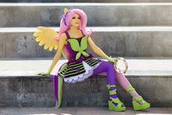 Size: 1000x667 | Tagged: safe, artist:ryoko-demon, imported from derpibooru, human, equestria girls, rainbow rocks, clothes, cosplay, costume, dress, female, high heels, irl, irl human, musical instrument, photo, ponied up, shoes, sitting, solo, tambourine