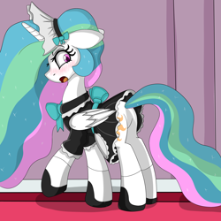 Size: 5000x5000 | Tagged: safe, artist:cuddlelamb, imported from derpibooru, princess celestia, alicorn, pony, blushing, bowtie, butt, clothes, dress, female, floppy ears, maid, mare, plot, revenge, shocked, solo, sunbutt