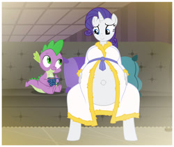 Size: 970x824 | Tagged: safe, artist:heavyhitterconnor, artist:mintydrop2013, imported from derpibooru, rarity, spike, anthro, dragon, unguligrade anthro, unicorn, bathrobe, belly, big belly, chocolate, clothes, couch, female, food, hot chocolate, interspecies, looking at each other, male, mug, outie belly button, ponies breeding dragons, preggity, pregnant, robe, shipping, sitting, smiling, sparity, straight