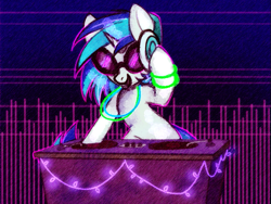 Size: 745x561 | Tagged: safe, artist:ponycide, imported from derpibooru, dj pon-3, vinyl scratch, pony, unicorn, bipedal, bipedal leaning, commission, disc jockey, fairy lights, female, glasses, glowstick, headphones, horn, leaning, mare, open mouth, solo, sunglasses, turntable, vinyl scratch's glasses, vinyl's glasses