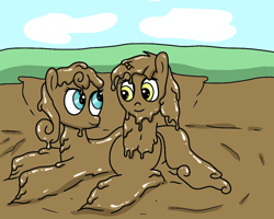 Size: 800x640 | Tagged: safe, artist:amateur-draw, imported from derpibooru, bon bon, lyra heartstrings, sweetie drops, earth pony, pony, unicorn, covered in mud, female, lesbian, looking at each other, lying down, lyrabon, messy, mud, mud bath, mud pony, muddy, on side, shipping, side, wet and messy