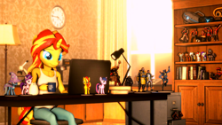 Size: 1920x1080 | Tagged: safe, artist:backmaker, imported from derpibooru, starlight glimmer, sunset shimmer, trixie, twilight sparkle, alicorn, anthro, unicorn, 3d, book, bookshelf, computer, cup, laptop computer, model, mug, room, source filmmaker, team fortress 2, twilight sparkle (alicorn)