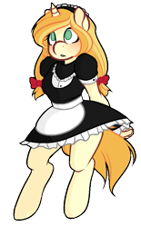 Size: 515x831 | Tagged: safe, artist:lvling-up, imported from derpibooru, oc, oc:vive, anthro, unicorn, anthro oc, apron, arm behind back, blushing, bow, clothes, green eyes, maid, pigtails, simple background, transparent background