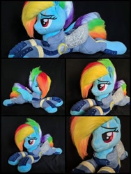 Size: 1500x2000 | Tagged: safe, artist:burgunzik, imported from derpibooru, rainbow dash, pony, alternate timeline, apocalypse dash, bedroom eyes, crystal war timeline, irl, photo, plushie, prone, scar, solo, torn ear