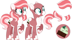 Size: 4848x2701 | Tagged: safe, artist:sh3llysh00, imported from derpibooru, oc, oc only, oc:mint chocolate chip, earth pony, pony, bald, female, magical lesbian spawn, mare, offspring, parent:fluttershy, parent:pinkie pie, parents:flutterpie, reference sheet, simple background, solo, transparent background