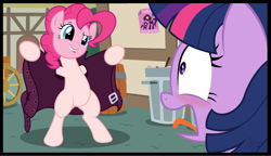 Size: 2400x1383 | Tagged: safe, artist:facelessjr, artist:niggerfaggot, edit, editor:slayerbvc, imported from derpibooru, pinkie pie, twilight sparkle, earth pony, pony, barrel, bipedal, biting, blushing, clothes, coat, exhibitionism, featureless crotch, female, flashing, furless, furless edit, mare, open mouth, panic, shaved, show accurate, sihovi, surprised, tongue bite, tongue out, trash can, we don't normally wear clothes