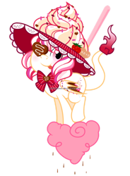 Size: 1120x1520 | Tagged: safe, artist:yokokinawa, imported from derpibooru, oc, oc:magic sprinkles, bat wings, bowtie, chocolate, chocolate rain, cotton candy, eyepatch, food, leonine tail, pocky, rain, simple background, sprinkles, strawberry, transparent background, wings