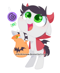 Size: 500x600 | Tagged: safe, artist:yokokinawa, imported from derpibooru, oc, oc:fire blaze, bag, bat wings, candy, clothes, costume, food, green eyes, halloween, halloween costume, horns, lollipop, pumpkin bucket, simple background, transparent background, wings, ych result