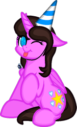 Size: 393x651 | Tagged: safe, alternate version, artist:zeka10000, imported from derpibooru, oc, oc only, oc:alexa cherry, alicorn, pony, base used, birthday, cheeks, cute, cutie mark, female, hat, looking at you, mare, no pupils, one eye closed, party hat, raised hoof, simple background, sitting, tongue out, transparent background, wink