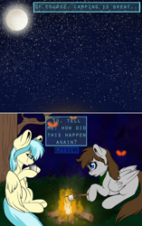 Size: 500x794 | Tagged: safe, artist:ask-misty-wondebolt, artist:misty-wonderbolt, imported from derpibooru, misty fly, oc, oc:fuselight, pegasus, pony, campfire, female, fire, food, mare, marshmallow, moon, rule 63, starry sky, tree