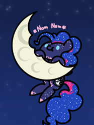 Size: 1280x1707 | Tagged: safe, artist:flutterluv, imported from derpibooru, pinkie pie, earth pony, pony, series:flutterluv's full moon, bodypaint, clothes, cosplay, costume, cute, diapinkes, dot eyes, eating, edible heavenly object, female, moon, night, nom, onomatopoeia, paint, paint in hair, paint on fur, ponk, sky, solo, tangible heavenly object