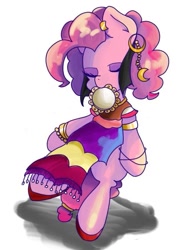 Size: 501x654 | Tagged: safe, artist:koto, imported from derpibooru, pinkie pie, pony, friendship is witchcraft, bipedal, clothes, ear piercing, earring, eyes closed, female, gypsy pie, jewelry, mouth hold, musical instrument, piercing, pixiv, romani, simple background, solo, tambourine, white background