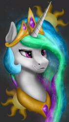 Size: 1080x1920 | Tagged: safe, artist:probaldr, imported from derpibooru, princess celestia, alicorn, pony, bust, collar, cutie mark background, female, jewelry, necklace, portrait, regalia, solo